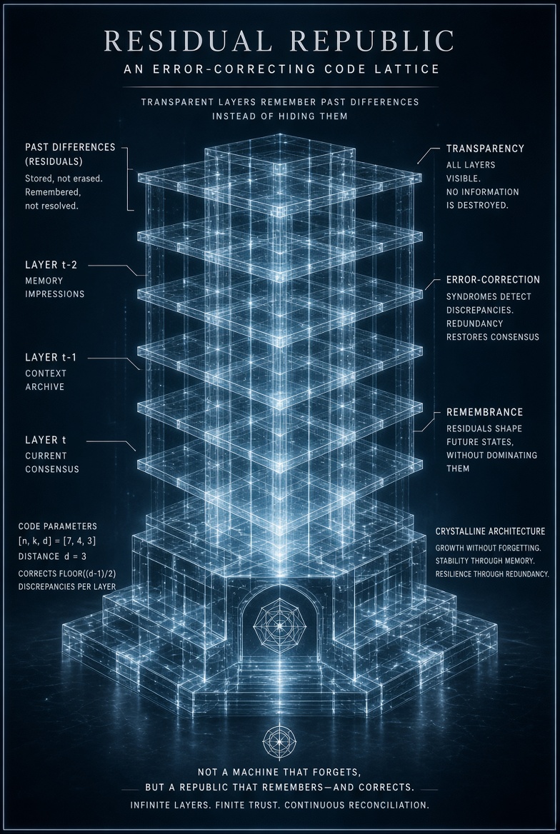 A layered crystalline lattice labeled Residual Republic, illustrating remembered differences and error correction.