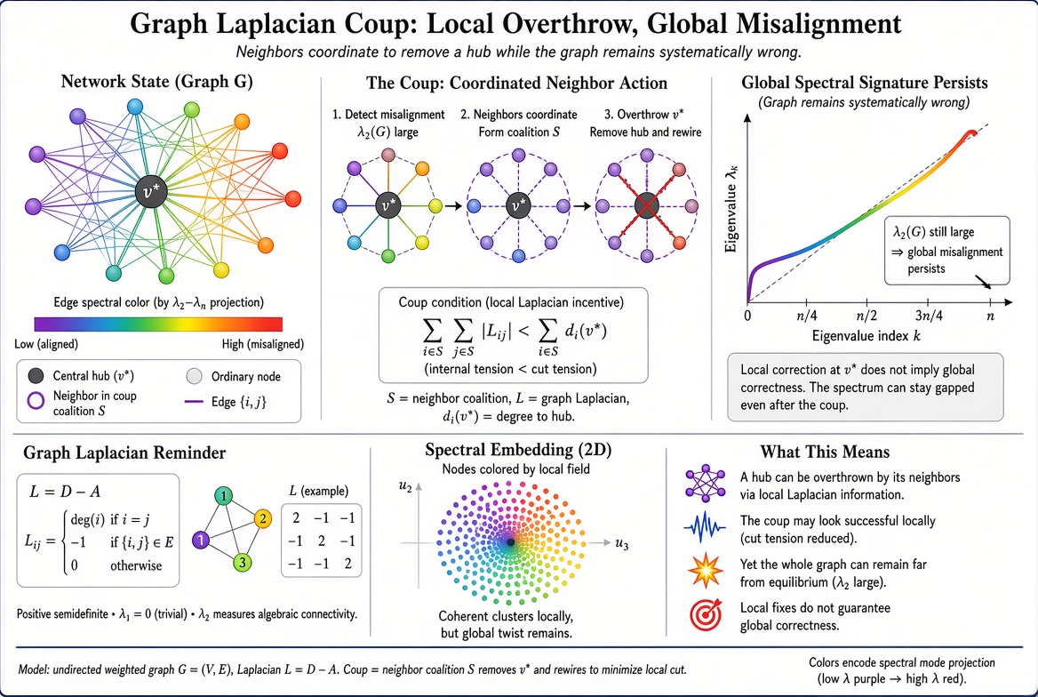 Graph Laplacian Coup infographic showing local coalition action and a persistent global spectral signature.