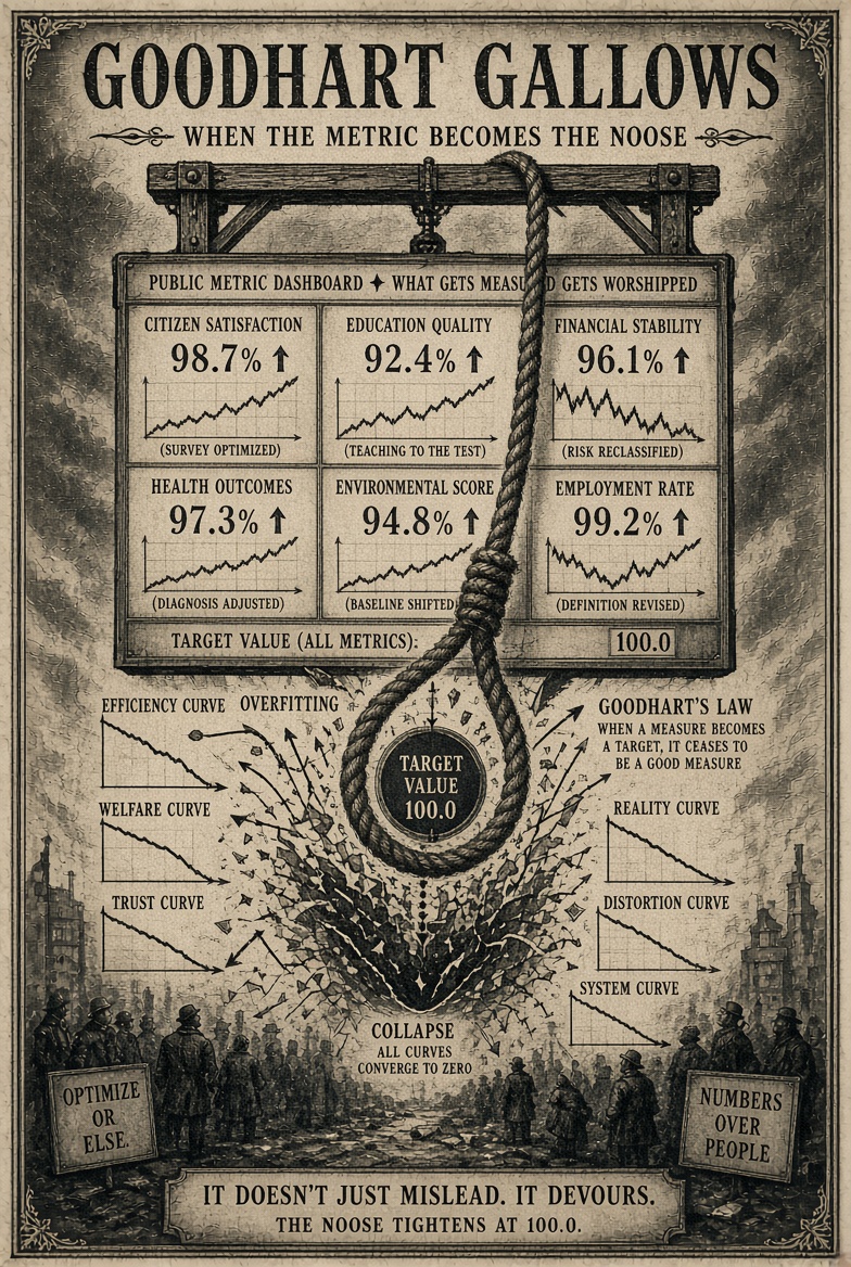 Antique-style Goodhart’s Gallows poster with a dashboard, a target-value noose, and collapsing outcome curves.