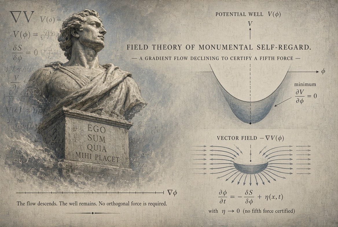 A field-theory illustration showing a potential well, gradient flow, and the caption that no fifth force is certified.