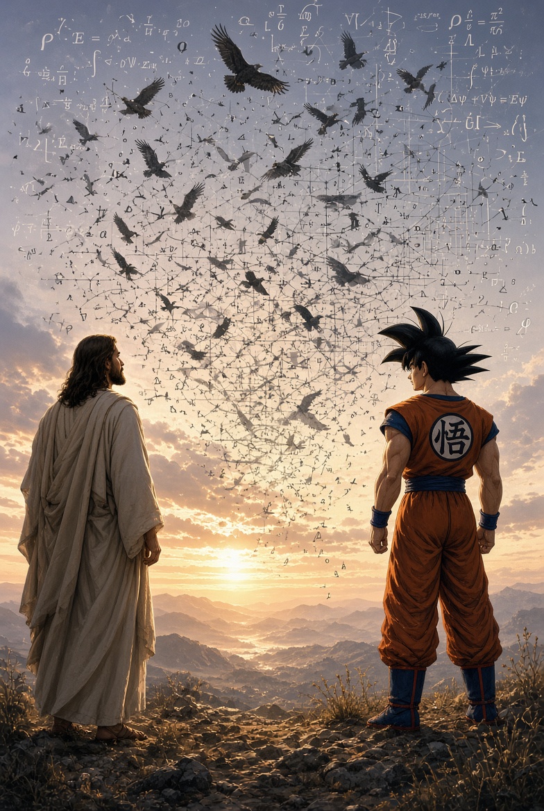 A sunset scene with Goku and a robed figure facing a sky of buzzards, equations, and network marks.