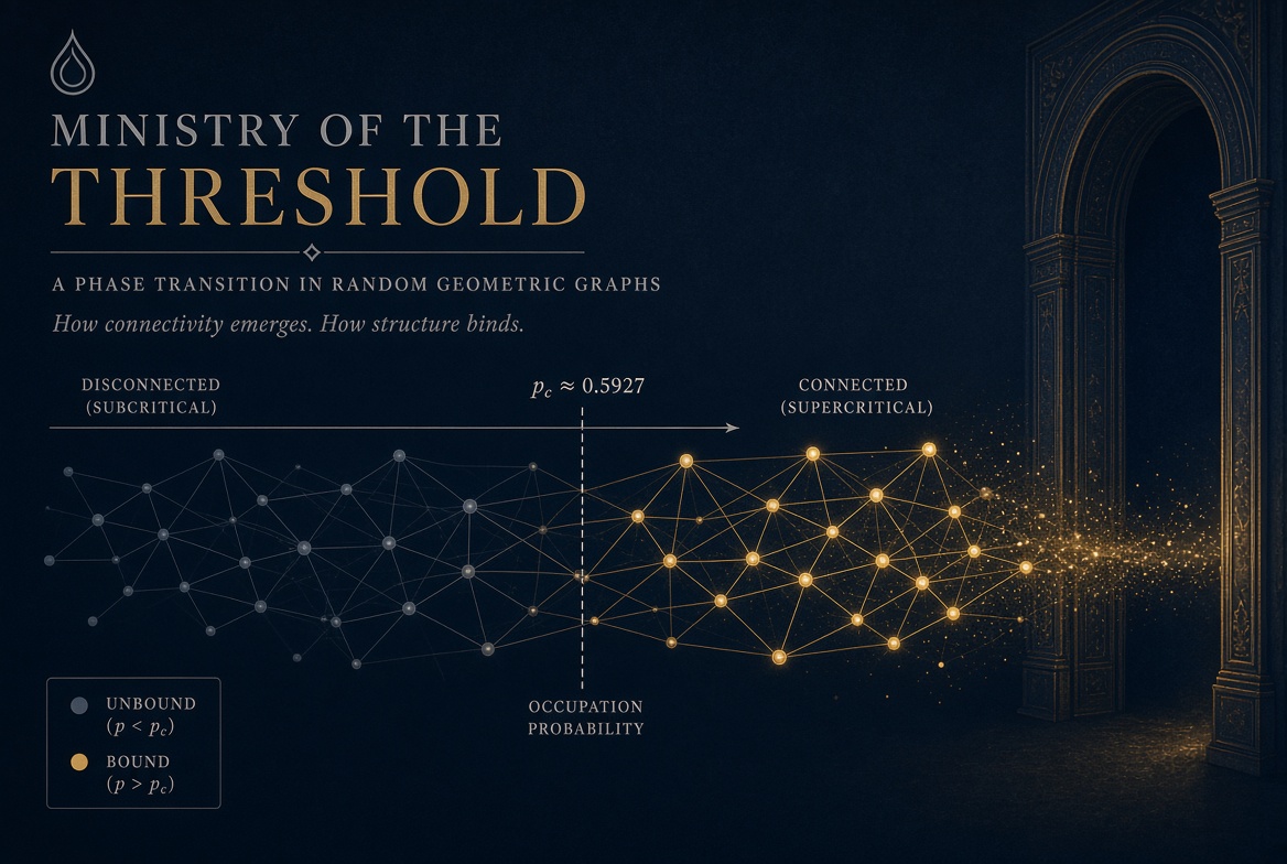 The Ministry of the Threshold, with a graph moving from disconnected to connected near a marked critical probability.