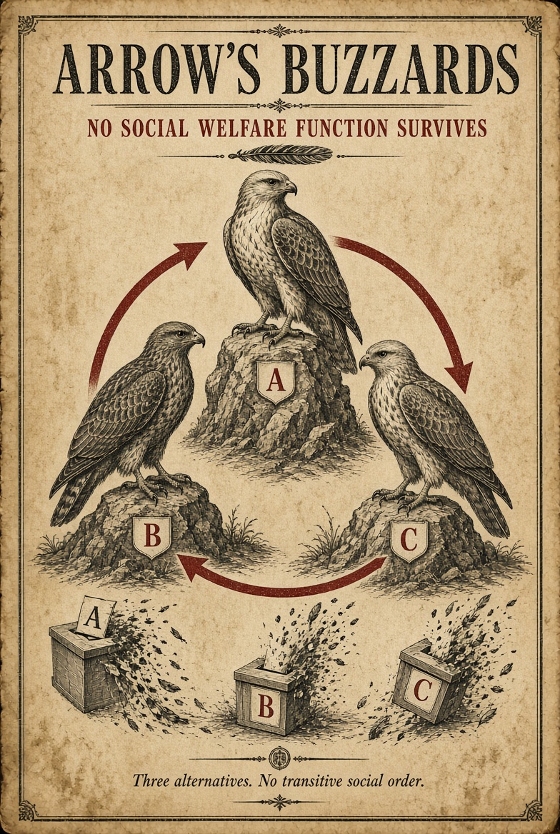 Arrow’s Buzzards: three alternatives linked in a cycle beneath the statement that no social welfare function survives.