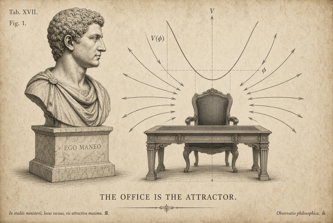A classical bust beside an empty office depicted as an attractor in a potential field.