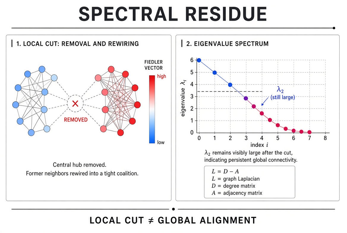 Spectral Residue diagram showing a graph cut, eigenvalue spectrum, and local versus global alignment.