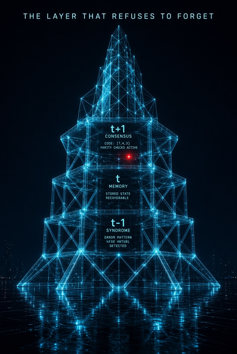 A luminous layered structure showing past syndrome, present memory, and future consensus.