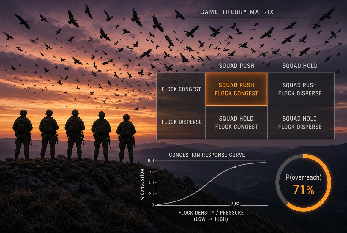 Silhouetted squad facing a flock, alongside a strategic game matrix and congestion response curve.