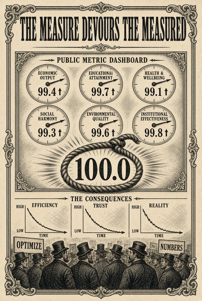 The Measure Devours the Measured poster, with an over-optimized public dashboard and declining trust and reality curves.