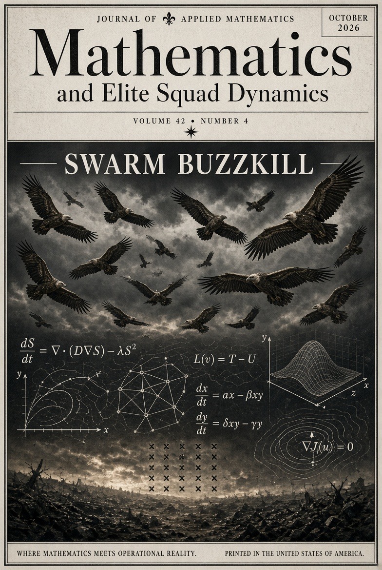 Alternate monochrome journal cover for Mathematics and Elite Squad Dynamics, featuring the Swarm Buzzkill issue.